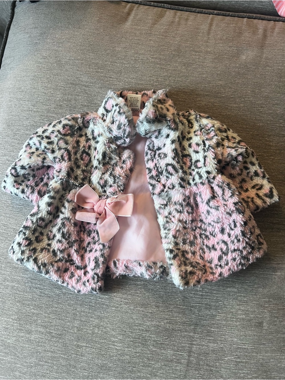 Little Lass Pink Faux Fur Leopard-Print Coat with Bow